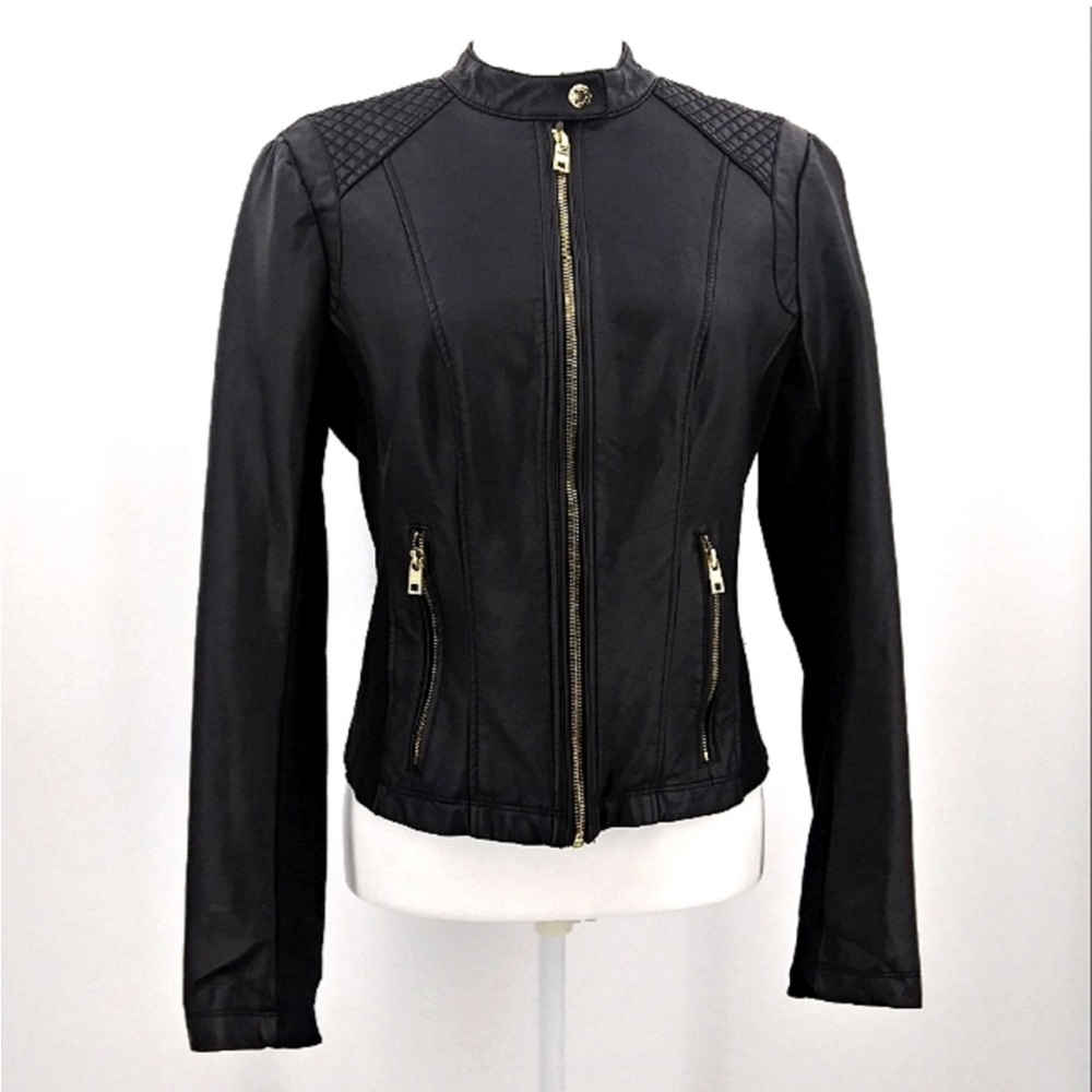 MARC NEW YORK By Andrew Marc Black Vegan Leather Zip Up Cropped Moto Jacket